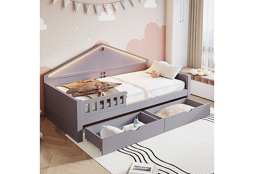 Merax Kinderbett 90×200cm mit LED-Lichtleiste (1-tlg), Jugendbett mit 2 Sch günstig online kaufen