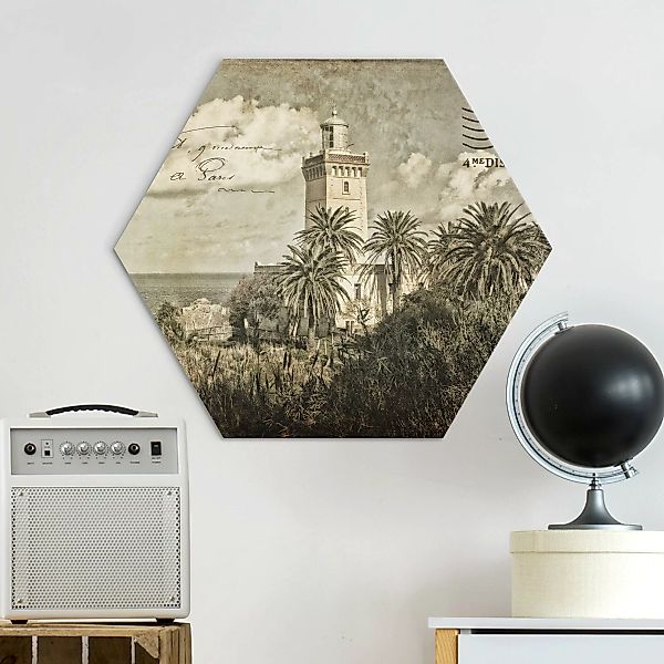 Hexagon-Alu-Dibond Bild Vintage Postkarte mit Leuchtturm und Palmen günstig online kaufen