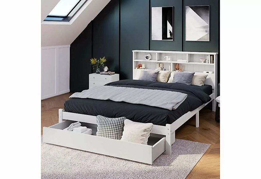Ulife Massivholzbett Weiß Doppelbett /Einzelbett mit Schubladen und Bücherr günstig online kaufen