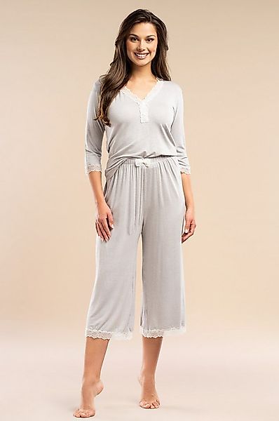 Mademoiselle Sommeil Pyjama Schlafanzug in grau mit Spitze, 3/4-Arm-Obertei günstig online kaufen