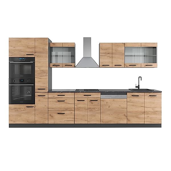 Vicco R-Line Küchenzeile Goldkraft Eiche/Anthrazit 350 cm mit Hochschrankoh günstig online kaufen