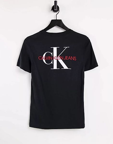 Calvin Klein Jeans – Kurzärmliges T-Shirt in Schwarz mit Monogramm-Logo vor günstig online kaufen