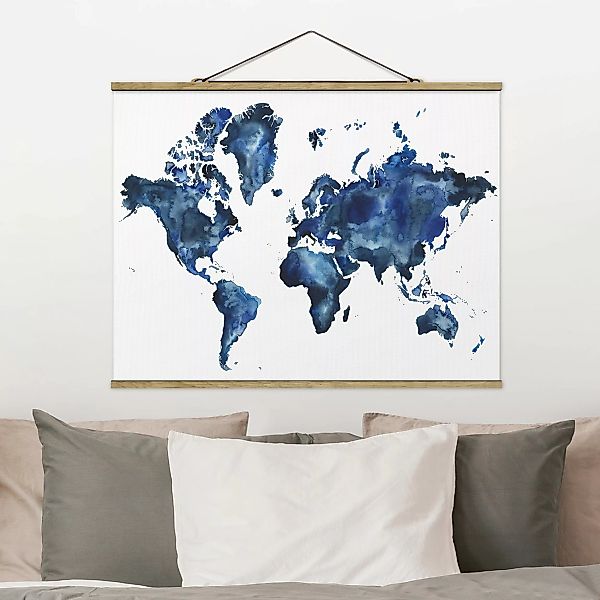 Stoffbild Karten mit Posterleisten - Querformat Wasser-Weltkarte hell günstig online kaufen
