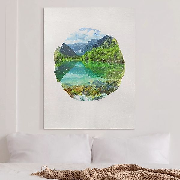 Leinwandbild Berge - Hochformat Wasserfarben - Bergsee mit Spiegelung günstig online kaufen
