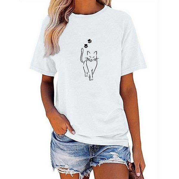 PYL Kurzarmshirt Damen Casual Kurzarmshirt mit Katze Druck günstig online kaufen