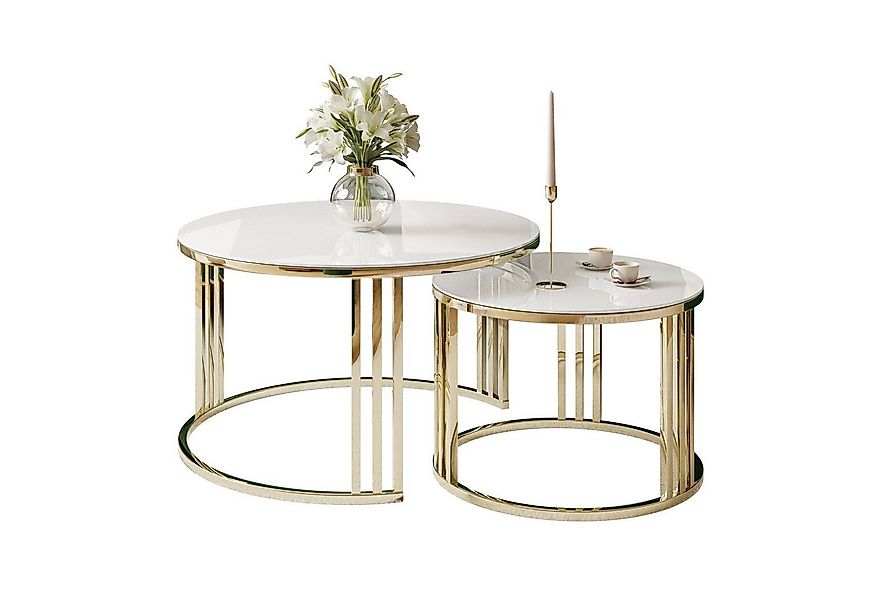 Lookway Couchtisch LORI 2in1 GLASS runder Couchtisch mit gold chrom Gestell günstig online kaufen