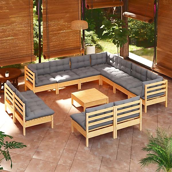 12-tlg. Garten-lounge-set Mit Grauen Kissen Massivholz Kiefer günstig online kaufen