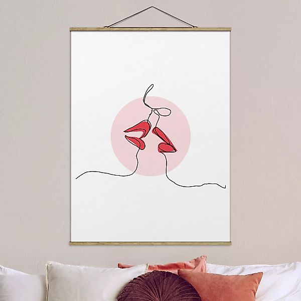 Stoffbild Abstrakt mit Posterleisten - Hochformat Lippen Kuss Line Art günstig online kaufen