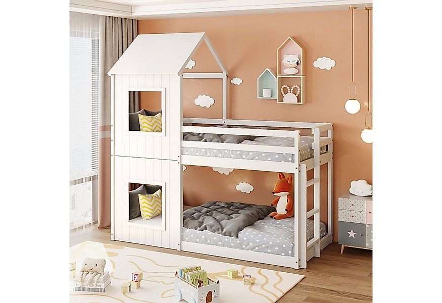 Odikalo Kinderbett Etagenbett Hausbett Leiter 2 Fenstern Dach Massivholz we günstig online kaufen