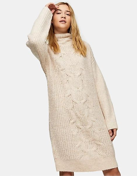 Topshop – Midi-Pulloverkleid in Elfenbein mit Zopfstrickmuster-Braun günstig online kaufen