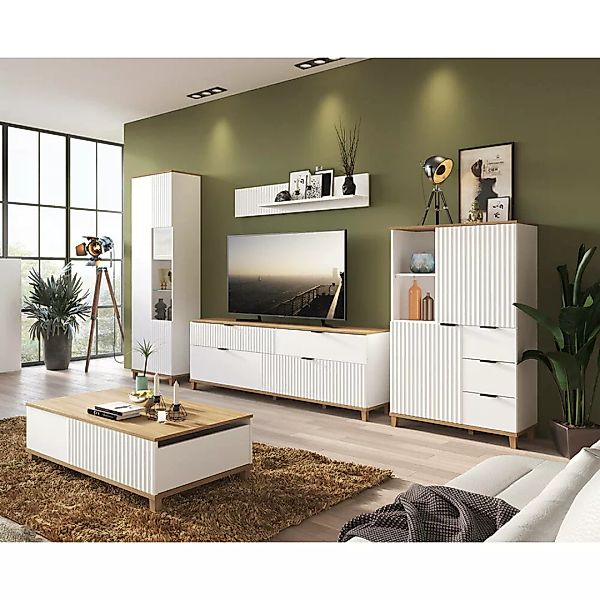 Wohnzimmer Wohnwand mit Couchtisch PLYMOUTH-129 in weiß mit Eiche Nb., B/H/ günstig online kaufen