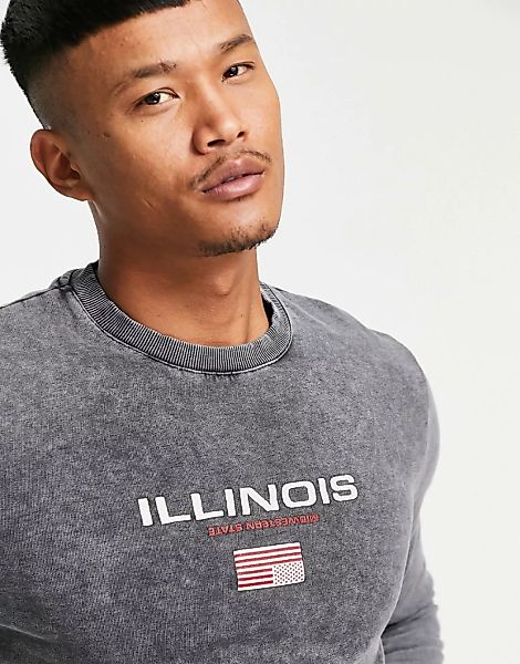 ASOS DESIGN – Sweatshirts mit Acid-Waschung in Schwarz und Illinois-City-Pr günstig online kaufen