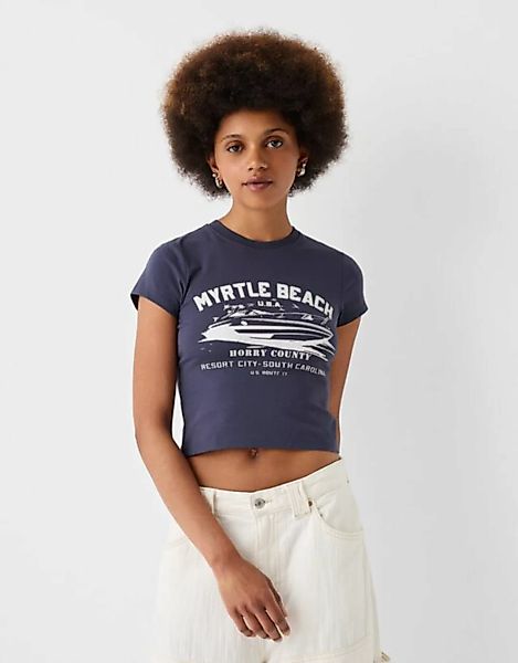 Bershka T-Shirt Mit Print Damen 10-12 Marinenblau günstig online kaufen