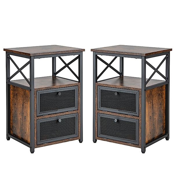 Costway 2er Set Beistelltisch Industrial mit 2 Klappschubladen Schwarz günstig online kaufen