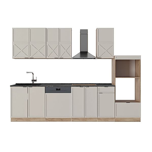 Vicco Fame-Line Küchenzeile GrauBeige/Goldkraft Eiche 300 cm mit Hochschran günstig online kaufen