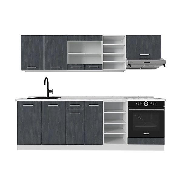 Vicco R-Line Komplettküche Schwarz Beton/Weiß 240 cm ohne Arbeitsplatte günstig online kaufen