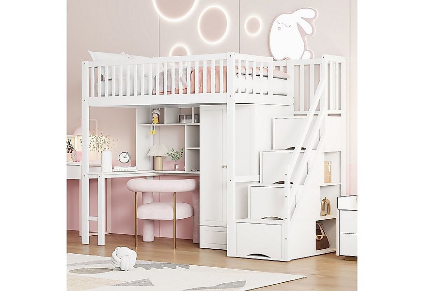 Flieks Hochbett Etagenbett 90x200cm mit Kleiderschrank, Treppe, Schreibtisc günstig online kaufen