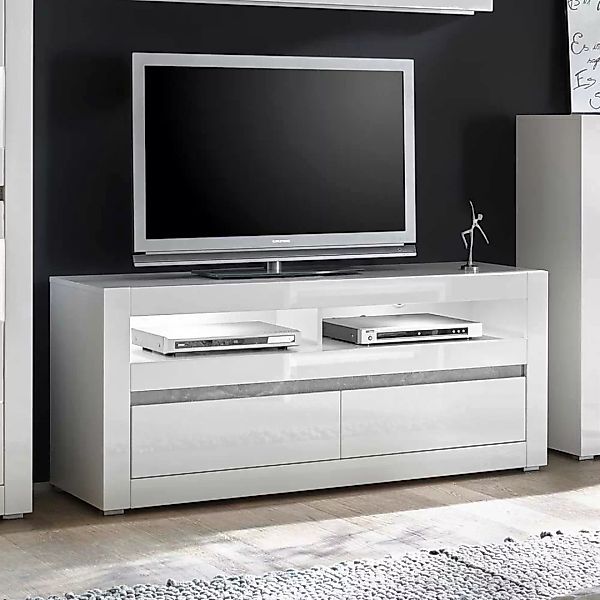 TV Lowboard in Weiß Hochglanz und Beton Grau 150 cm breit günstig online kaufen