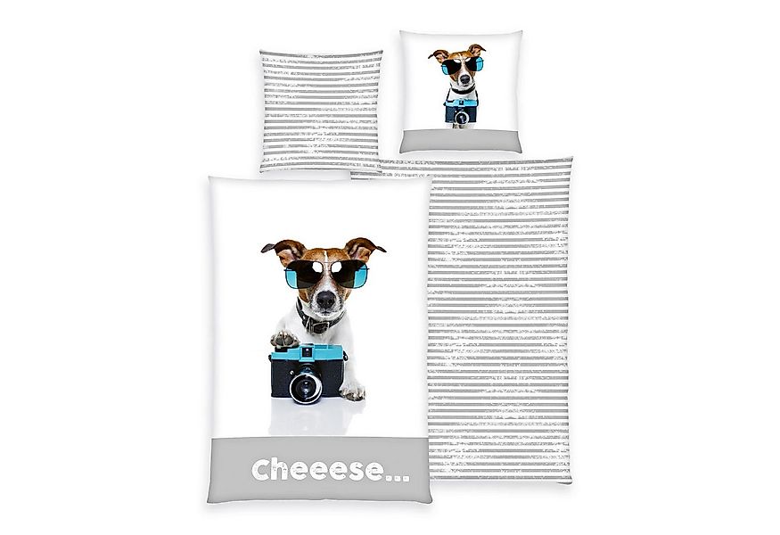 Herding Wendebettwäsche 135x200cm Jack Russel Hund Kamera Grau Weiß, Renfor günstig online kaufen