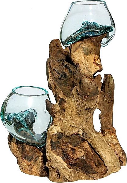 Wogeka Dekovase Doppel Glas-Vase Ø Glas 10-11 cm auf Wurzel-Holz Gamal Teak günstig online kaufen