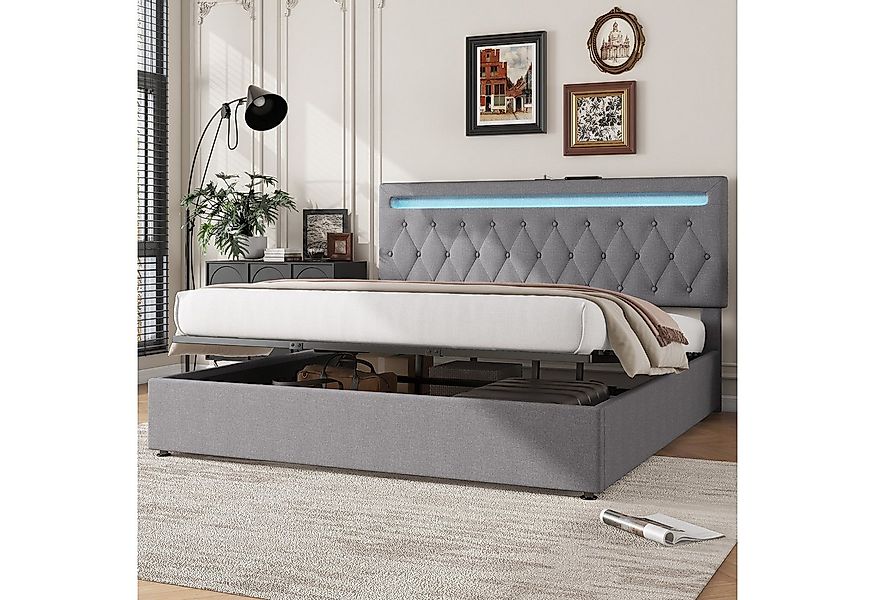 Flieks Polsterbett, LED Hydraulisches Doppelbett 180x200cm mit Ladefunktion günstig online kaufen