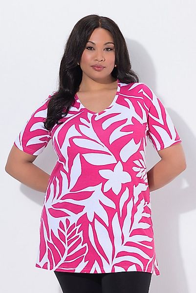 Ulla Popken Longshirt Longshirt Blätter A-Linie V-Ausschnitt Halbarm günstig online kaufen