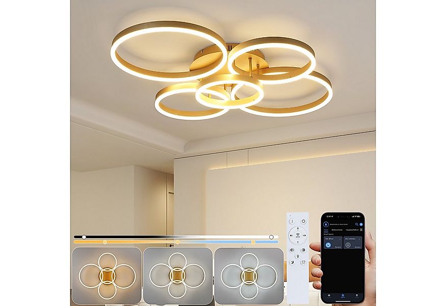 Nettlife LED Deckenleuchte Dimmbar Wohnzimmer Gold 2 Ring Acryl 46W 59CM Mo günstig online kaufen