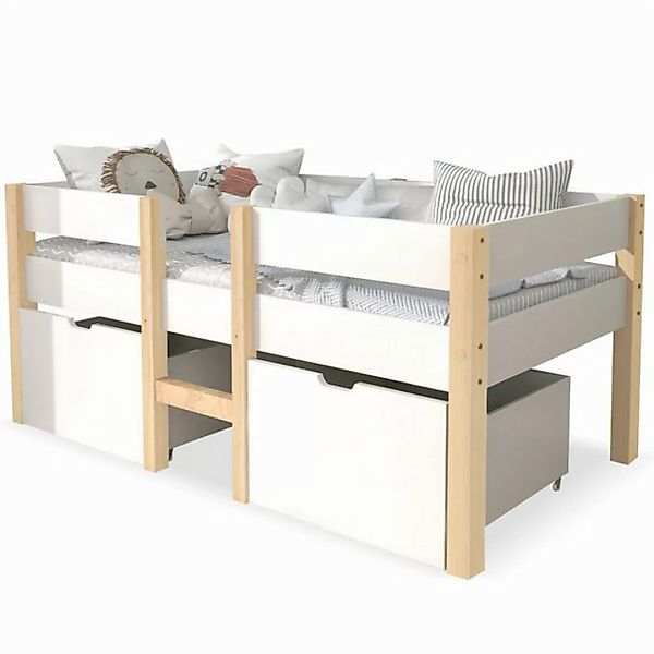 Ulife Kinderbett weißes beige Einzelbett, Hochbett mit Schublade & Rausfall günstig online kaufen