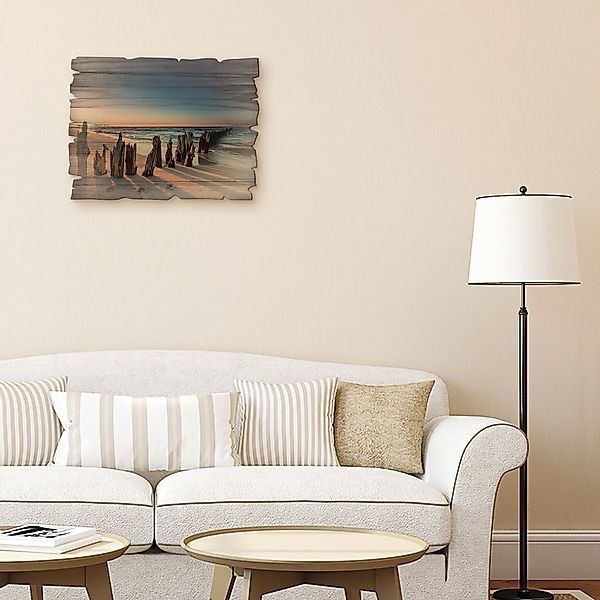 Artland Holzbild Sonnenuntergang Strand Wellenbrecher, Meer günstig online kaufen