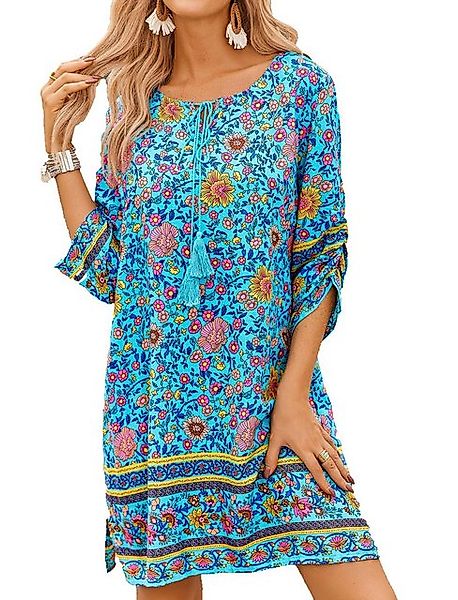 Elowen Strandkleid Sommerkleider Damen Kleid Blumen 3/4-Arm Tunika Kleid Mi günstig online kaufen