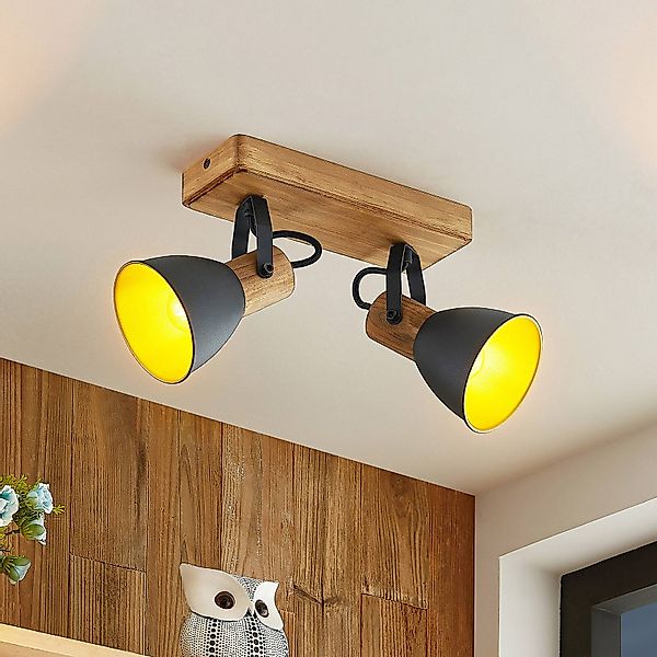 Lindby Deckenspot Merela, schwarz/gold, 2-flg., Holz, E14 günstig online kaufen