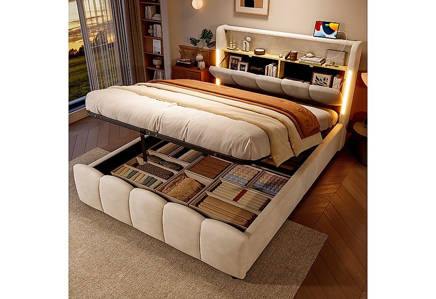 Merax Polsterbett (1-tlg), Hydraulisches Stauraumbett 140x200cm mit LED USB günstig online kaufen