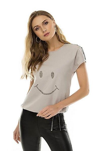 Passioni T-Shirt mit dezentem Strass-Smiley-Muster, Ärmeldetails günstig online kaufen