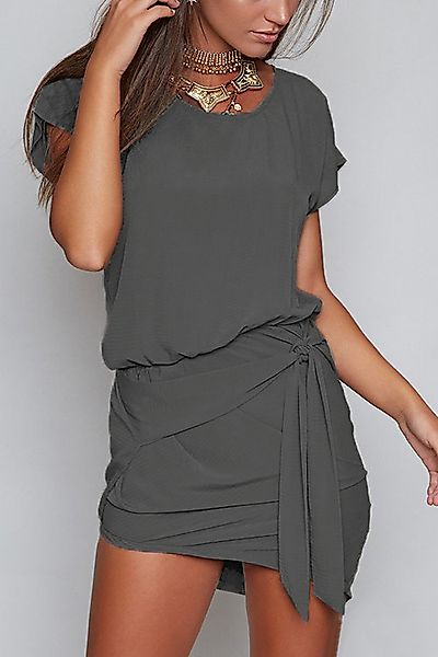 Dunkelgrauer Rundhalsausschnitt selbstgebundenes Design Mini Kleid günstig online kaufen
