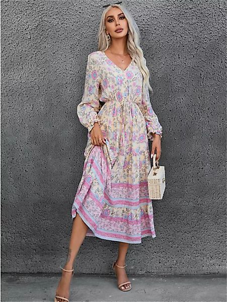 RUZU UG Abendkleid Kleid Bohemian Casual Vacation Langarm bedruckter Swingr günstig online kaufen