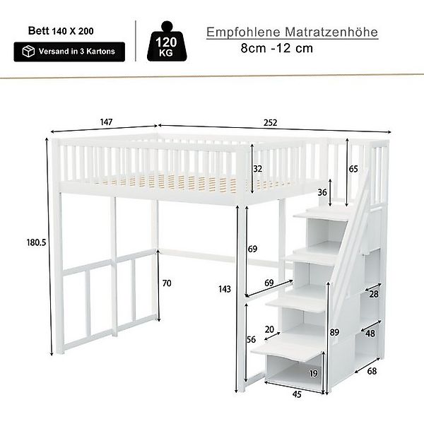 Flieks Hochbett Massivholz Kinderbett Einzelbett 140x200cm mit Stauraumtrep günstig online kaufen