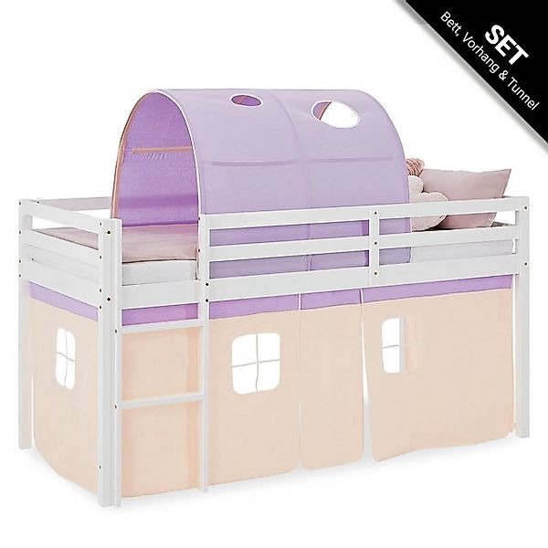 Homestyle4u Hochbett 90x200 cm Kinderbett Tunnel Vorhang Lila Peach Leiter günstig online kaufen