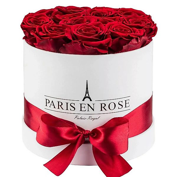 Rosenbox Ø 19 cm Weiß mit Schleife und 14 Bordeaux Rosen günstig online kaufen
