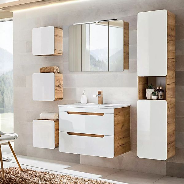 Lomadox Badezimmer Komplettset in Hochglanz weiß mit Wotaneiche LUTON-56 mi günstig online kaufen