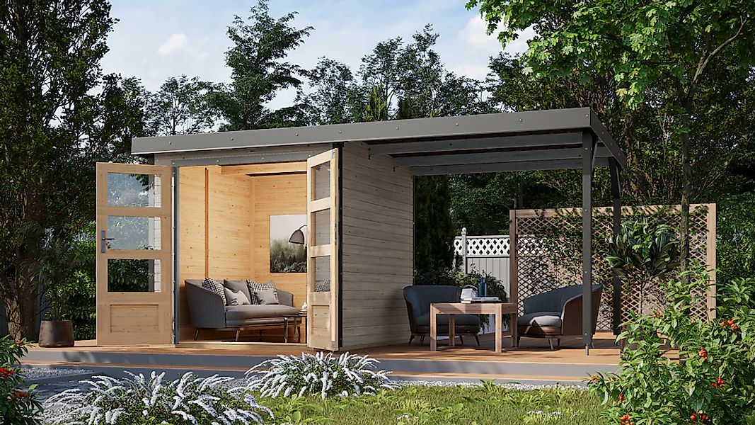 Karibu Gartenhaus ""Jupiter 2 D" SET wassergrau-graualuminium mit Anbaudach günstig online kaufen
