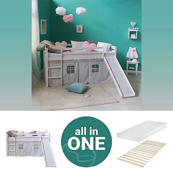 Homestyle4u Hochbett 90x200 Weiß mit Vorhang günstig online kaufen