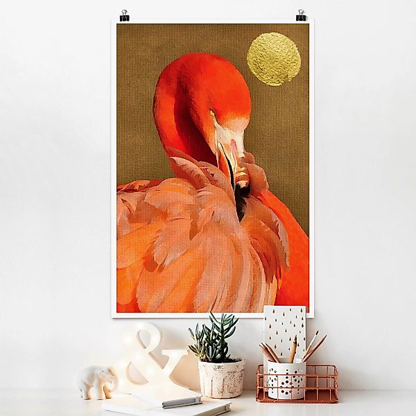 Poster Tiere Goldener Mond mit Flamingo günstig online kaufen