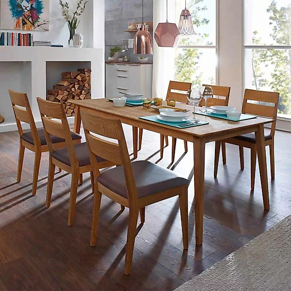 Esstisch mit Stühlen aus Wildeiche Massivholz Braun Kusntleder (siebenteili günstig online kaufen