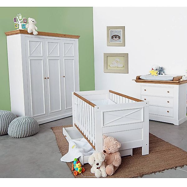 Babyzimmer komplett Set Kiefer weiß mit Eiche KOLOMEA-69, 4-teilig günstig online kaufen