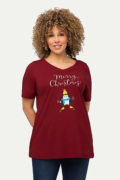Ulla Popken Rundhalsshirt Weihnachts-Shirt Pinguin A-Linie V-Ausschnitt günstig online kaufen