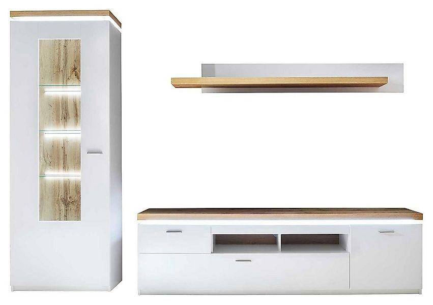 Wohnwand CALI, (3-St), Weiß, Wotan Eiche Dekor, inkl. LED-Beleuchtung, 3-te günstig online kaufen