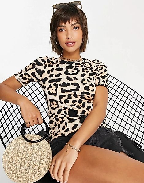 Mango – T-Shirt mit Leopardenprint und Rundhalsausschnitt-Braun günstig online kaufen