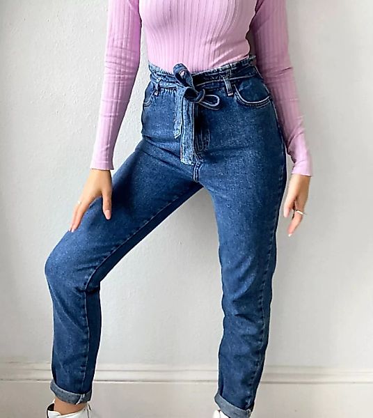 New Look Tall – Jeans mit Paperbag-Taille in Mittelblau günstig online kaufen