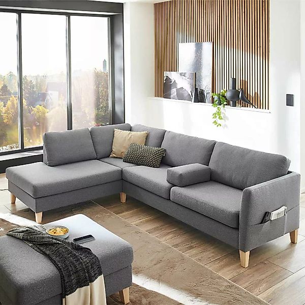 Sofa Eckgarnitur Grau 255 cm breit - 197 cm tief Fußgestell aus Holz günstig online kaufen