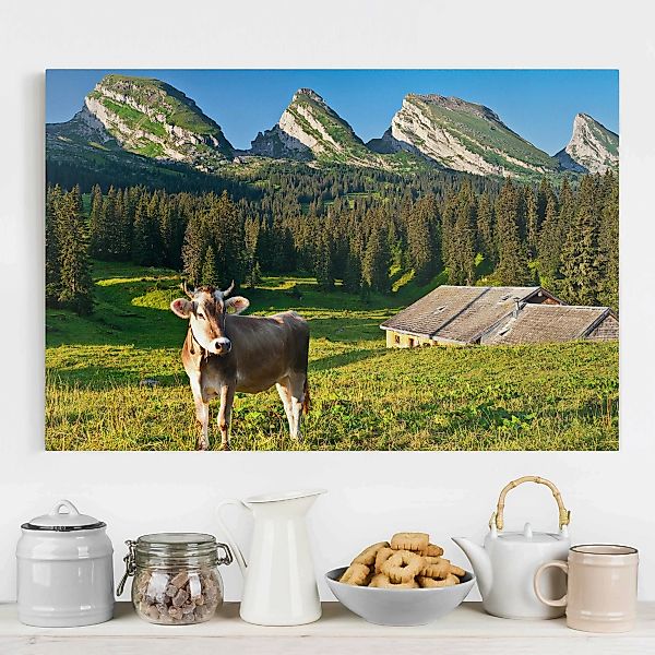 Leinwandbild Tiere - Querformat Schweizer Almwiese mit Kuh günstig online kaufen